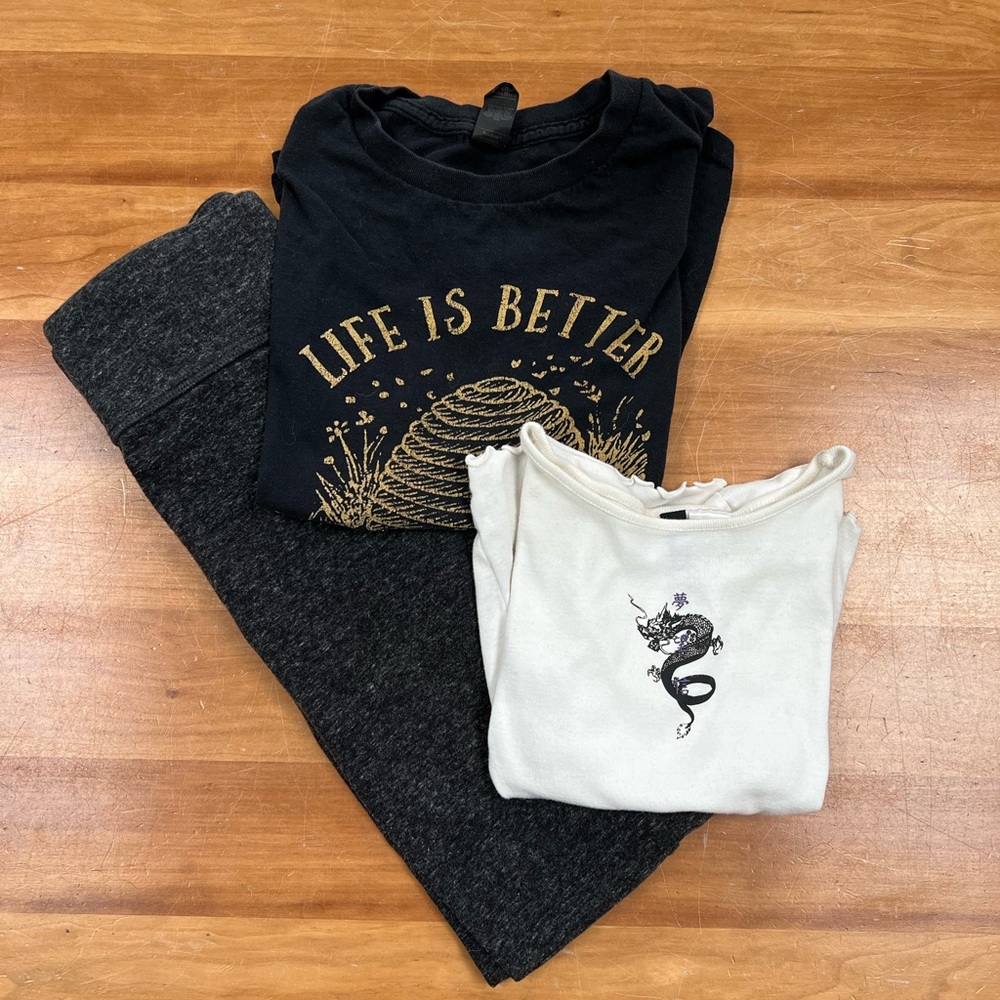 Cozy Bundle: H&M Gray Leggings, “Better With Bees” T-shirt, and H&M Dragon Crop